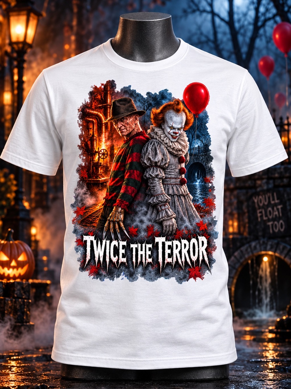 Twice the Terror White Graphic Unisex Tee - Horror Icon Mashup